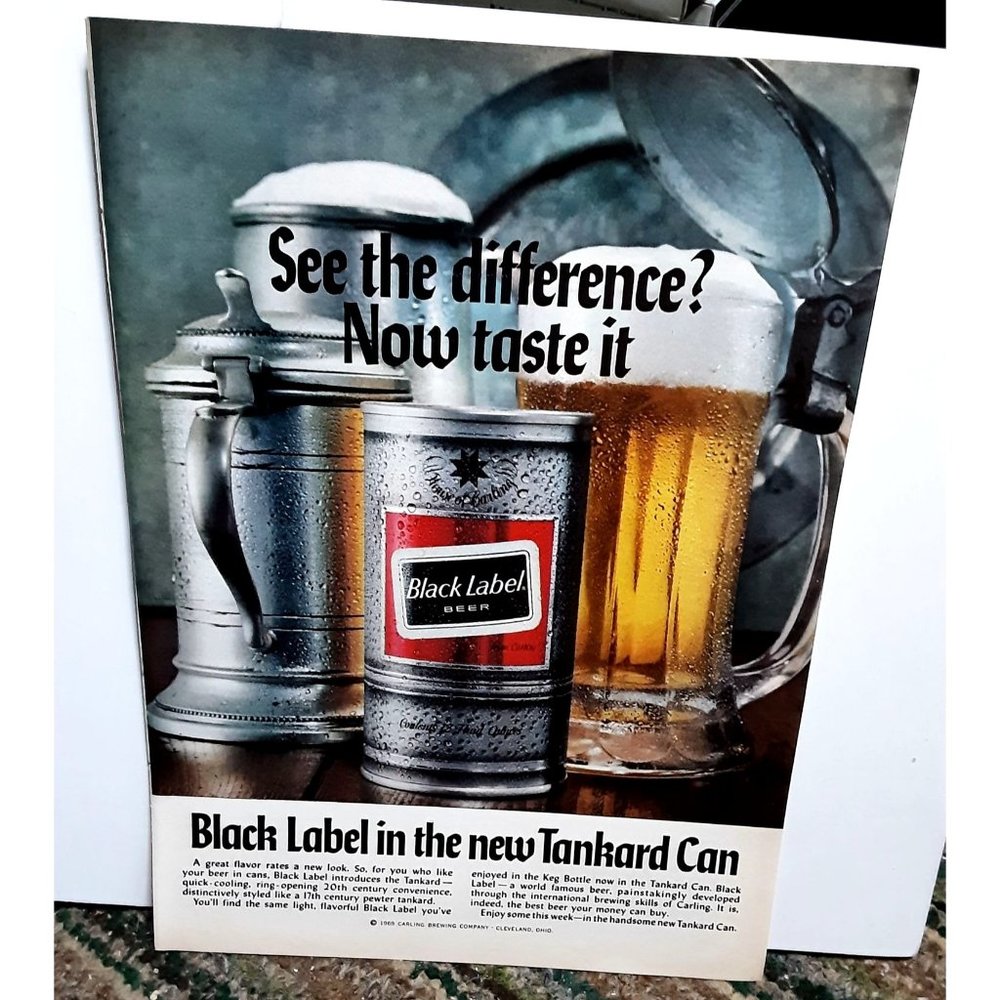 1969 Carling Black Label Beer Tankard Can Vintage Print Ad Original